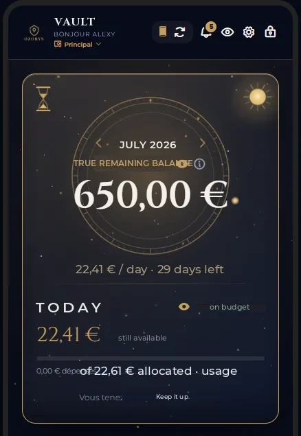 The Ozorys dashboard: the daily budget gauge and the RAV Coach message